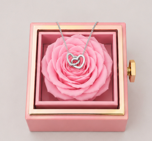 Personalized Couple's Names Heart Necklace Custom Jewelry Rotating Preserved Rose Box For Women